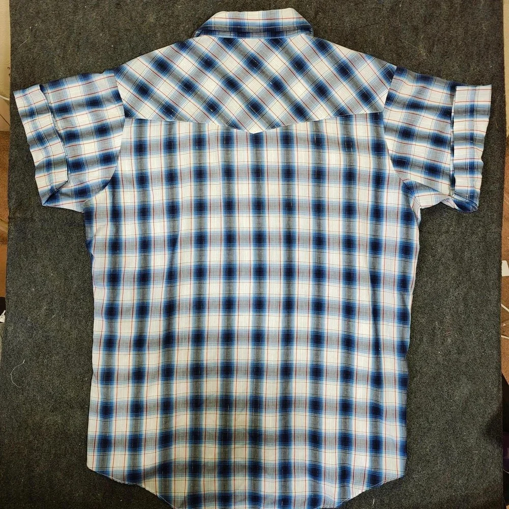 Ely Cattleman Mens XLT Plaid Pearl Snap Western Shirt Blue Short Sleeve Tall